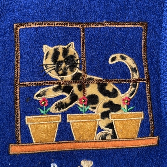 Blue boiled wool full zip adorable cat embroidered vest Lisa International M - Picture 14 of 15